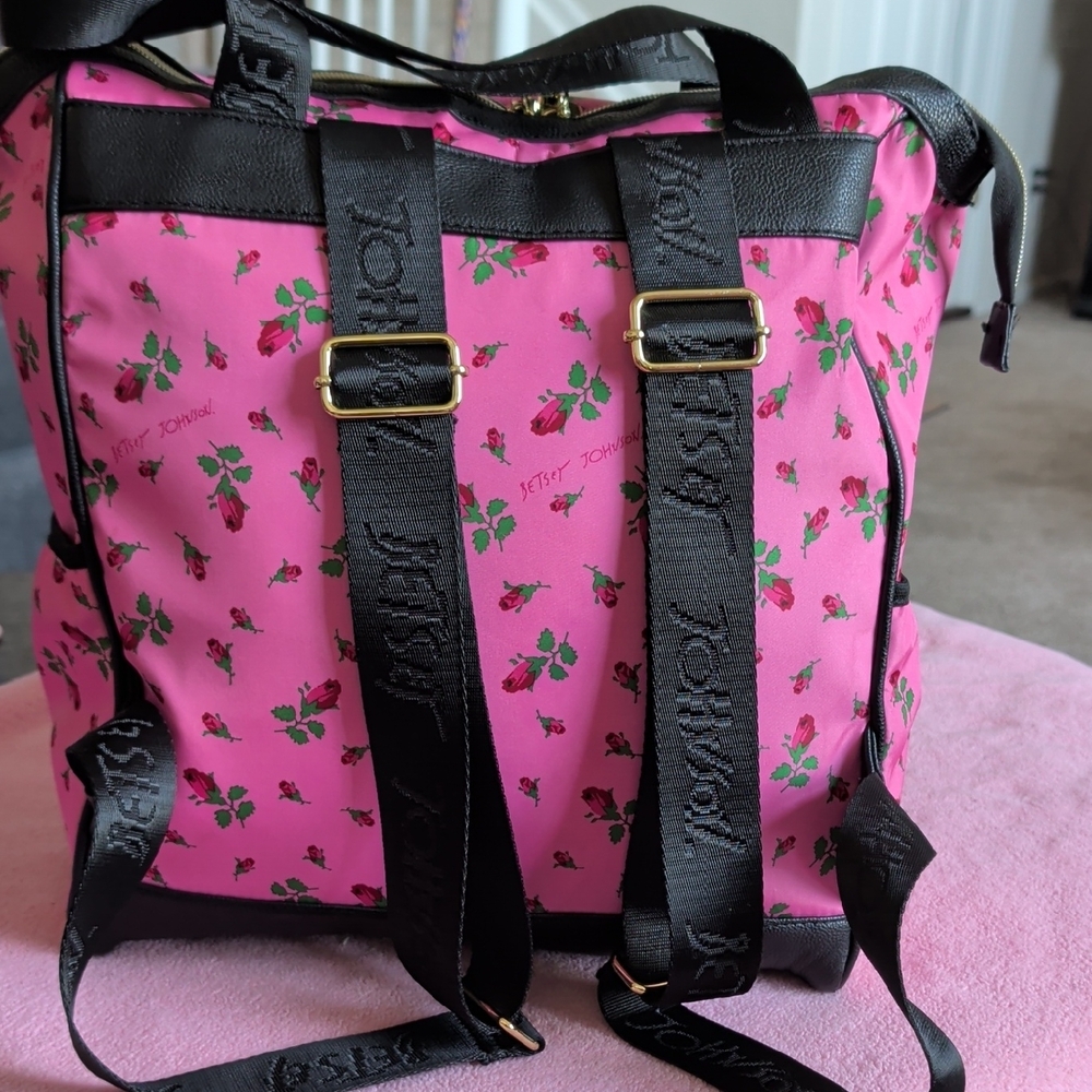 Betsey Johnson Pink Quilted Floral Backpack with Black Trim - Picture 2 of 4